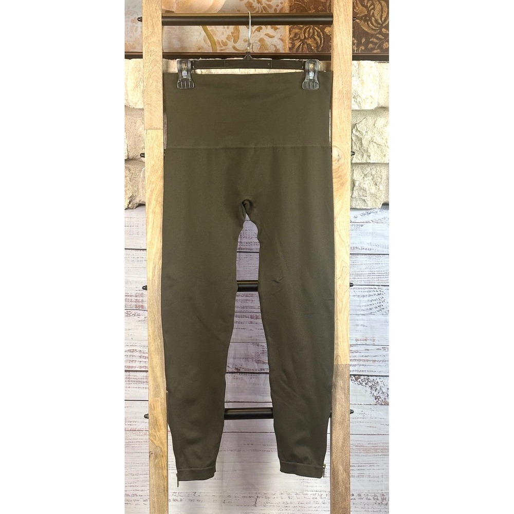 SPANX Look At Me Now Seamless Side Zip Leggings XL Dark Olive Green Gold Zipper
